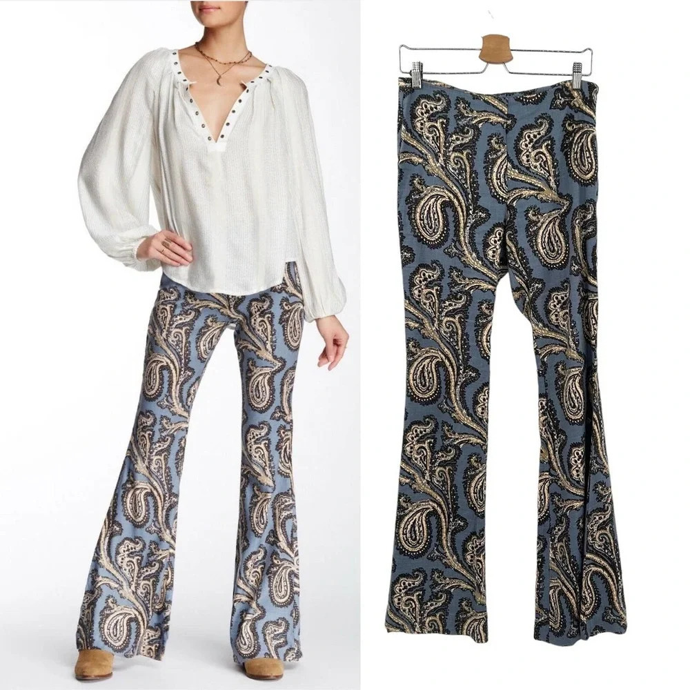 Free People Paradise Printed Linen Blend Pants Blue Combo Size‎ Small